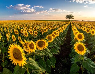 Naklejka premium Expansive sunflower field under a cloudy sky at sunset, with a lone tree