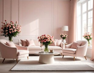 Elegant living room with blush pink walls, furniture, & flowers