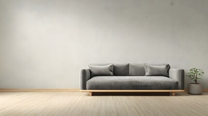 Modern gray sofa sits against a light textured wall in an empty room with wooden flooring