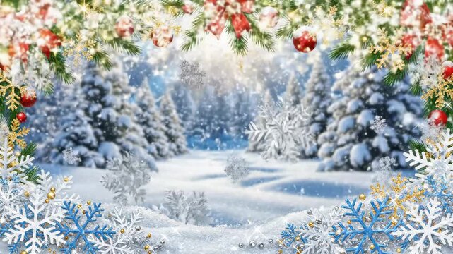 Christmas Snowflake Border Animation - This video shows a picturesque winter scene with snow-covered trees and falling snowflakes.