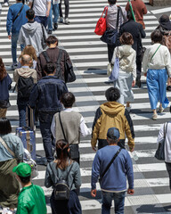 Crowded urban crosswalk filled with diverse mix of pedestrians dressed for cool weather, carrying bags and pulling suitcases. Scene highlights daily city life and movement in  public space.