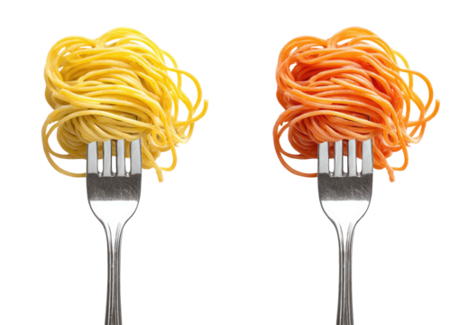 Pasta nests, yellow and orange, pierced on metal forks