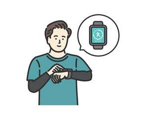 スマートウォッチで万歩計アプリを確認する男性