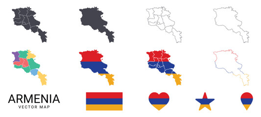 armenia vector map set with flag icons outlines regions and shapes