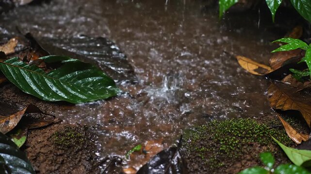 Slow motion tropical rain heavily splashes onto the rich rainforest ground creating intricate patterns clean, water, greenery