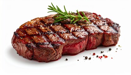 Fototapeta premium Grilled Beef Steak with Rosemary Sprig on White Background Close Up