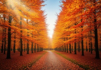 Naklejka premium Idyllic autumn forest path lined with tall trees displaying brilliant orange foliage.