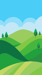 Obraz premium Stylized green rolling hills with trees and blue sky with clouds