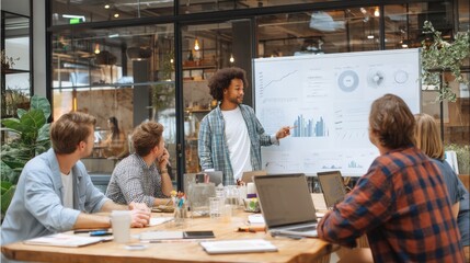 Business meeting with people discussing data on a whiteboard