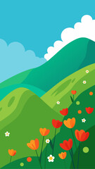 Obraz premium Vibrant spring meadow with rolling green hills and colorful blooming flowers under a blue sky