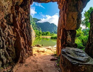 Glimpse through ancient stone archway, scenic lake & mountain view