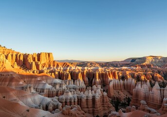 Sunrise illuminating the unique hoodoo rock formations and canyon landscape in bryce canyon national park