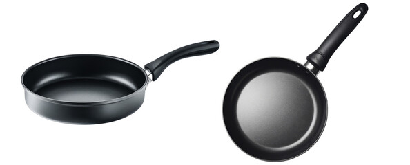 frying pans, kitchen cookware on white background