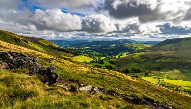 Expansive valley view, rolling hills, dramatic cloud-filled sky