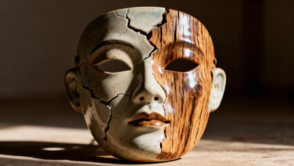 Broken ceramic mask showing natural wood grain, textured surface with side lighting. event programs, museum guides, designed for cultural heritage projects and event programs.
