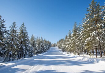 Perfectly groomed cross country ski track through a snowy pine forest under a clear blue sky.