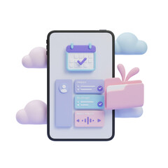 Modern clean ui tablet display with profile cards and cloud icons