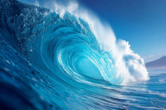 Powerful ocean wave curling and breaking in tropical waters, eye-level perspective, bright sunny day, Oahu Hawaii