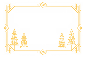Art deco golden frame with geometric christmas trees over transparent background, holiday season border