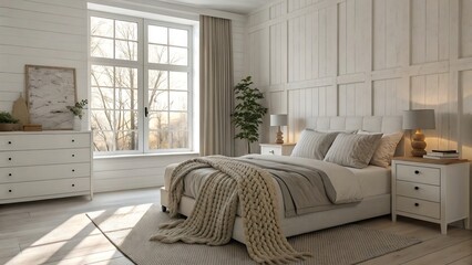Cozy Nordic Bedroom with Neutral Palette, Soft Lighting, and Minimal Furniture Design