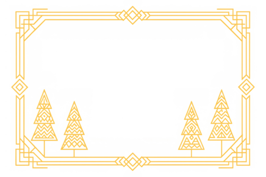 Art deco golden frame with geometric christmas trees over transparent background, holiday season border