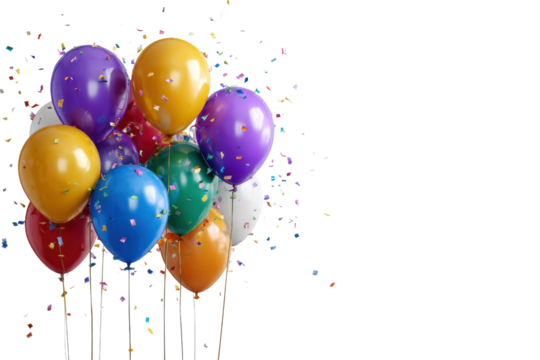 Colorful balloons and confetti floating against a black background party celebration, Png, Isolated on Transparent Background, Cut Out
