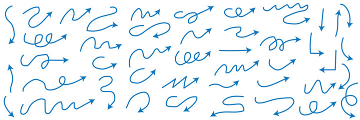 Hand drawn arrows set. Marker drawn arrows. Arrow icon. Arrows doodle. Editable stroke line icons. Vector illustration.