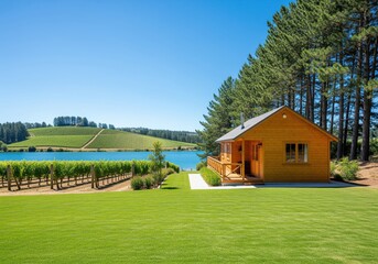 Wooden cabin overlooking a pristine lake, surrounded by lush vineyards and tall pine trees.
