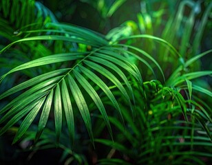 Lush Green Tropical Palm Leaves in Dark Background