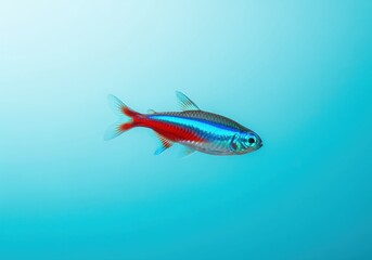 Fototapeta premium Vibrant neon tetra fish isolated against a bright blue gradient background
