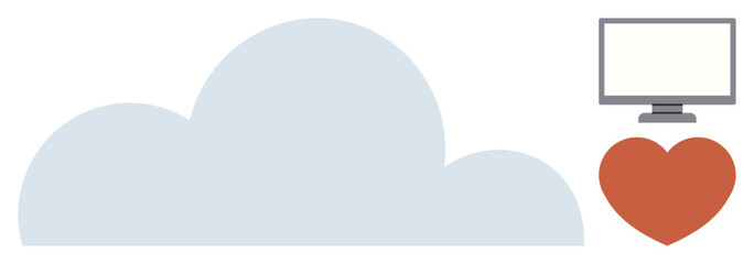 Gray cloud, computer monitor, and red heart represent cloud computing, digital connection, data storage, emotional well-being, healthcare tech, online collaboration. Ideal for IT and simple flat