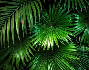 Lush Green Tropical Palm Leaves with Raindrops