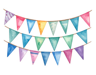 Watercolor banner bunting of triangle flags hanging on strings, painted with vibrant, cheerful colors and diverse patterns