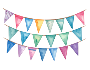 Watercolor banner bunting of triangle flags hanging on strings, painted with vibrant, cheerful colors and diverse patterns