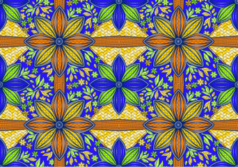 African floral wax print cotton fabric seamless pattern, authentic Ankara textile with tribal motifs, traditional cultural design for clothing fashion africa textile art. not AI generated.