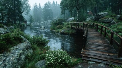 Scenic Forest Landscape with a Wooden Bridge over a Serene River in Misty Conditions