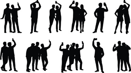 Silhouette vector illustration of people and couples taking selfies with smartphones, perfect for social media, lifestyle, and communication concepts