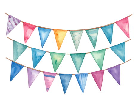 Watercolor banner bunting of triangle flags hanging on strings, painted with vibrant, cheerful colors and diverse patterns