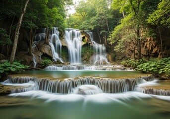 Obraz premium Serene tiered waterfall cascading through lush green tropical forest with long exposure water flow.