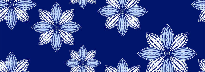 African floral wax print seamless fabric pattern in blue tones. Traditional Balinese sarong pattern. Ethnic abstract fashion background. Horizontal illustration. Decorative culture art. Not generated 