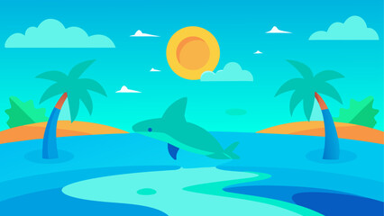 Obraz premium Vibrant tropical scene with jumping dolphin and palm trees under a sunny sky