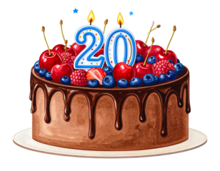 Watercolor cake with chocolate drip, decorated with berries and candles. A 20th birthday celebration