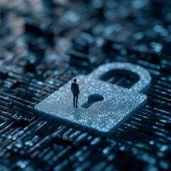 Small Figure Standing on a Digital Lock Representing Cybersecurity