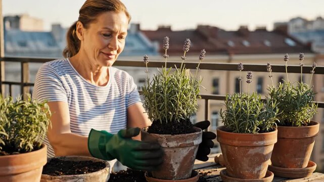 Woman gardening on balcony - A mature woman wearing green gloves is planting a seedling in a terracotta pot on a balcony. She is caring for her urban garden with other potted plants visible.