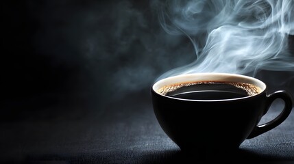 Dark roasted beverage steams intensely in a dimly lit ceramic cup
