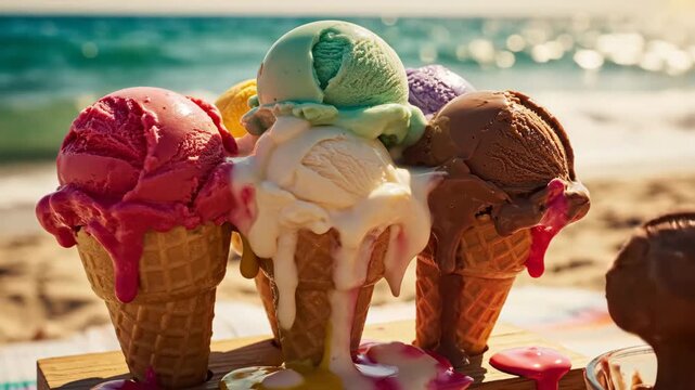 Ice Cream Cones on Beach - Several ice cream cones are melting on a sunny beach. The cones have multiple scoops of different flavors.