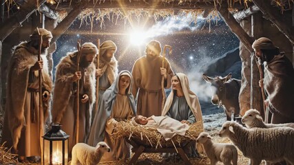 Nativity Scene with Comet and Stable - A peaceful scene depicts the Nativity of Jesus Christ, with Mary and Joseph adoring the baby Jesus in a manger inside a stable. - Powered by Adobe