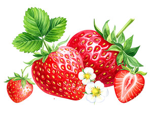 Watercolor painting of ripe strawberries, leaves, and blossoms on black, showcasing freshness and vibrant detail
