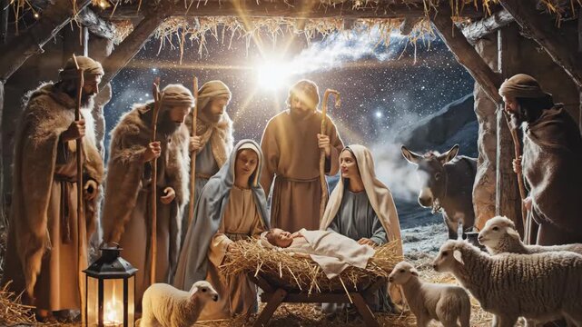 Nativity Scene with Comet and Stable - A peaceful scene depicts the Nativity of Jesus Christ, with Mary and Joseph adoring the baby Jesus in a manger inside a stable.