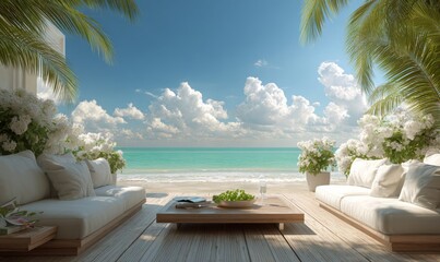 Serene Beachside Lounge with Palm Trees and Clear Blue Sky